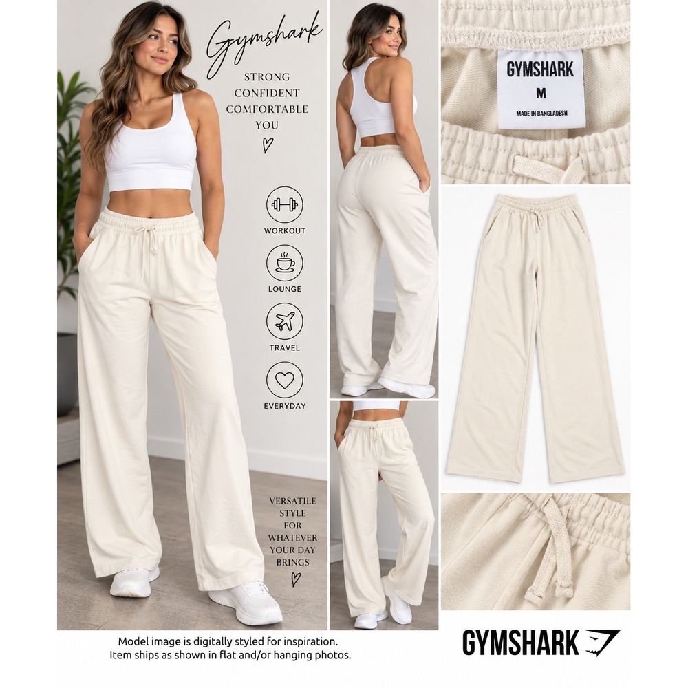 GYMSHARK Women's Medium Cream Ivory Straight Leg Pants Drawstring Athletic